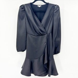 Habitual Girl Wrap Dress Girls‎ Size 10 Black Excellent Satin Ruffle Puff Sleeve